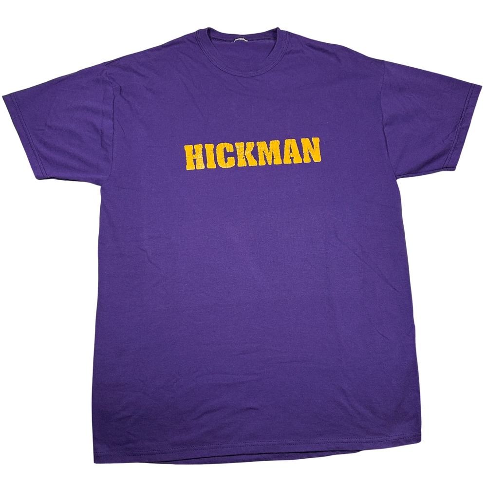Vintage 90s Hickman Purple T-Shirt Yellow Graphic Block Letter Crew Neck Tee